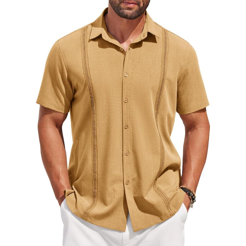 imageCOOFANDY Mens Short Sleeve Cuban Guayabera Shirt Casual Summer Beach Button Down ShirtsYellow