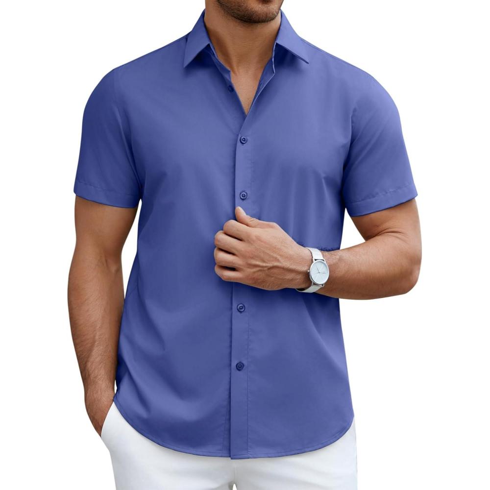 imageCOOFANDY Mens Short Sleeve Dress Shirts Casual Button Down Wrinkle Free Regular Fit Business Untucked ShirtsCaptains Blue