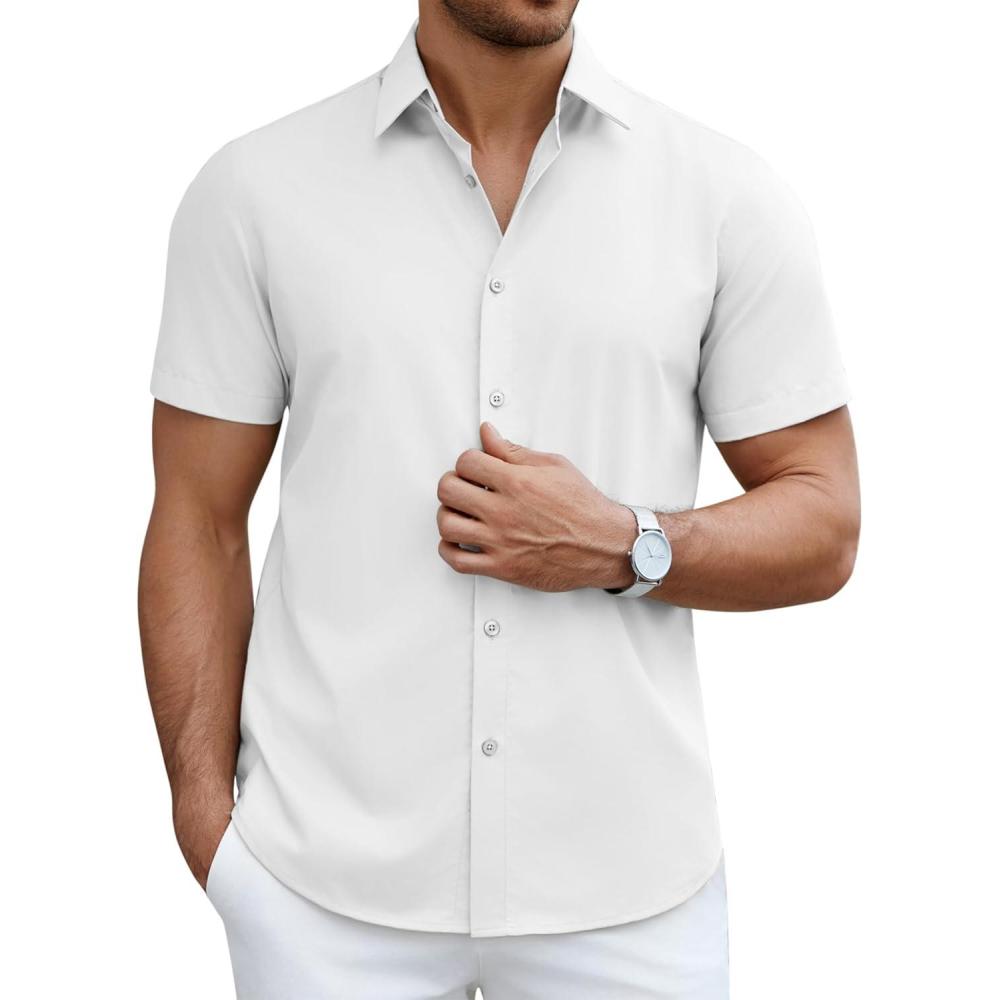 imageCOOFANDY Mens Short Sleeve Dress Shirts Casual Button Down Wrinkle Free Regular Fit Business Untucked ShirtsWhite