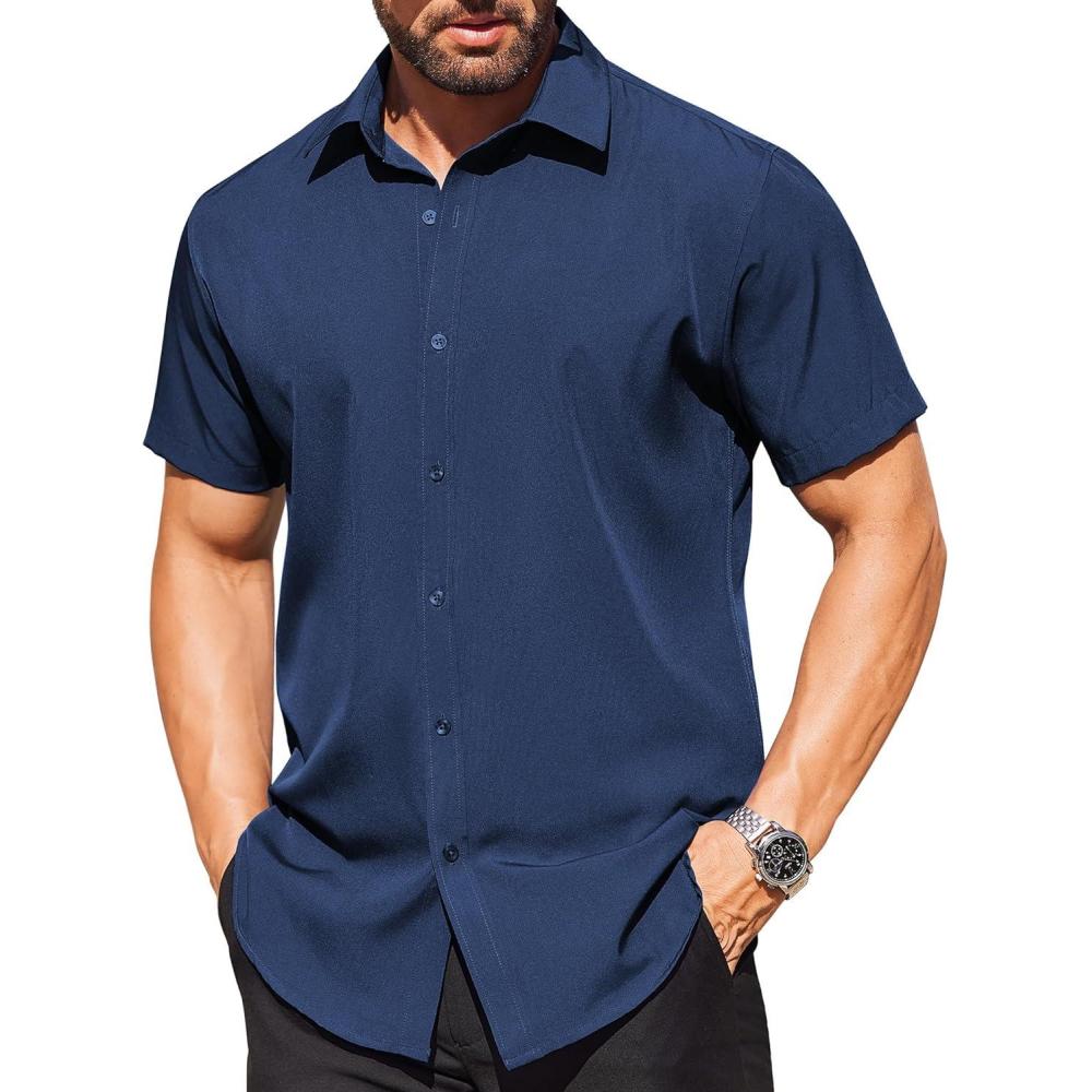 imageCOOFANDY Mens Short Sleeve Dress Shirts Stain Shield Button Down Shirt for Summer Business Wedding PartyDark Blue
