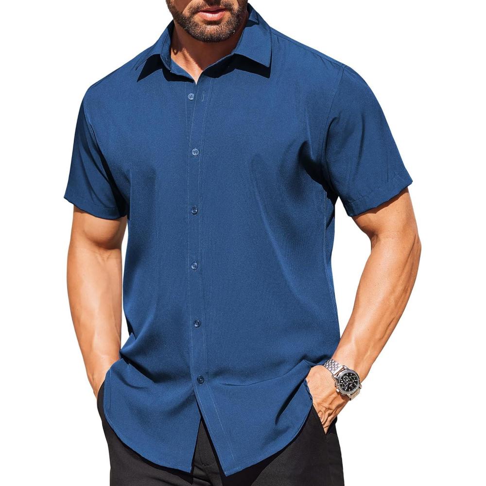 imageCOOFANDY Mens Short Sleeve Dress Shirts Stain Shield Button Down Shirt for Summer Business Wedding PartyNavy Blue
