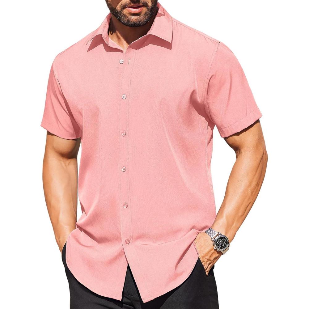 imageCOOFANDY Mens Short Sleeve Dress Shirts Stain Shield Button Down Shirt for Summer Business Wedding PartyPink