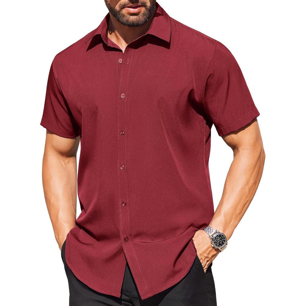 imageCOOFANDY Mens Short Sleeve Dress Shirts Stain Shield Button Down Shirt for Summer Business Wedding PartyWine Red