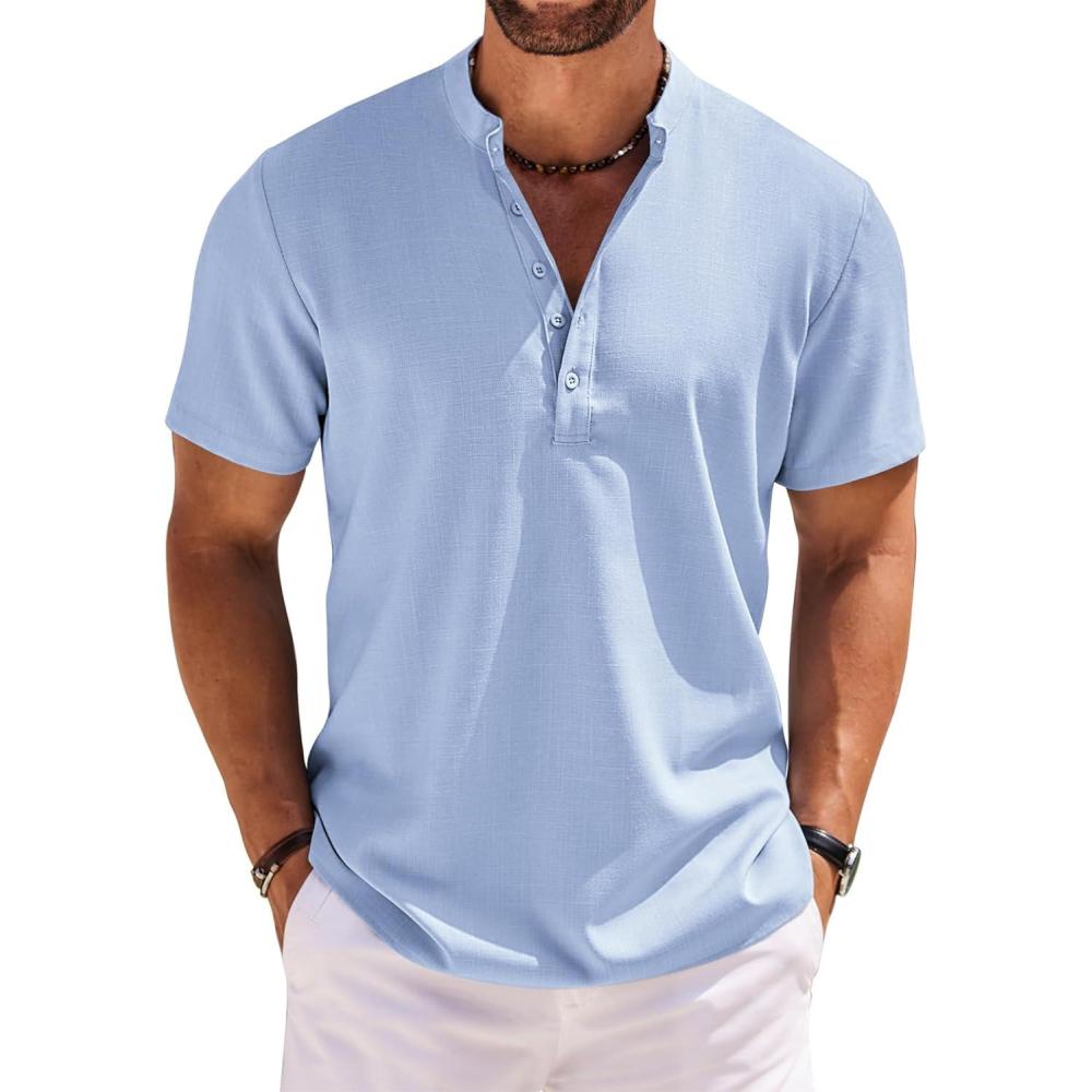 imageCOOFANDY Mens Short Sleeve Henley Shirts Casual Collarless Shirt Band Collar Henley Summer Beach Henley TShirtLight Blue