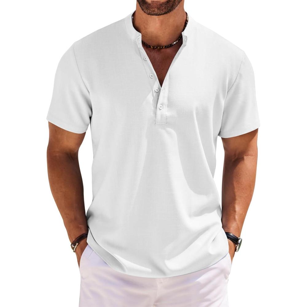 imageCOOFANDY Mens Short Sleeve Henley Shirts Casual Collarless Shirt Band Collar Henley Summer Beach Henley TShirtWhite