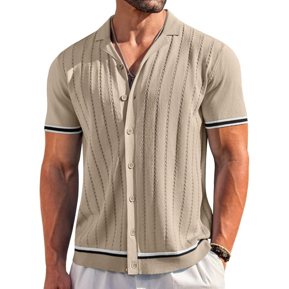 imageCOOFANDY Mens Short Sleeve Knit Shirt Casual Button Down Shirt Vintage Striped Knitted Golf Beach TopsApricot