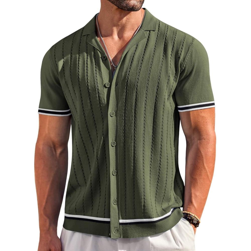 imageCOOFANDY Mens Short Sleeve Knit Shirt Casual Button Down Shirt Vintage Striped Knitted Golf Beach TopsArmy Green
