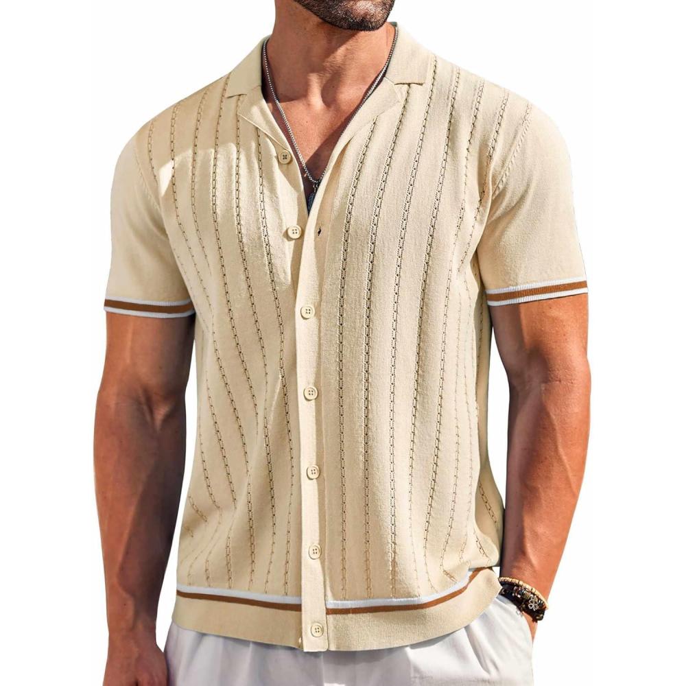 imageCOOFANDY Mens Short Sleeve Knit Shirt Casual Button Down Shirt Vintage Striped Knitted Golf Beach TopsBeige