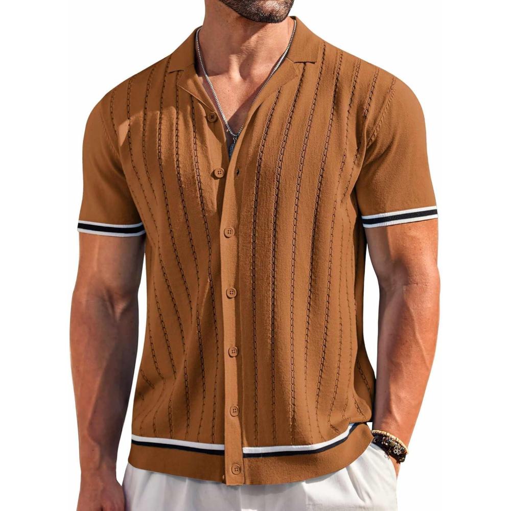 imageCOOFANDY Mens Short Sleeve Knit Shirt Casual Button Down Shirt Vintage Striped Knitted Golf Beach TopsBrown