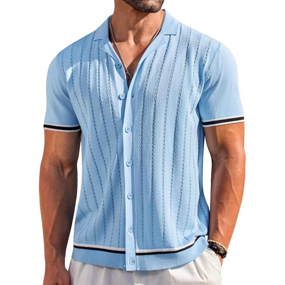 imageCOOFANDY Mens Short Sleeve Knit Shirt Casual Button Down Shirt Vintage Striped Knitted Golf Beach TopsClear Blue