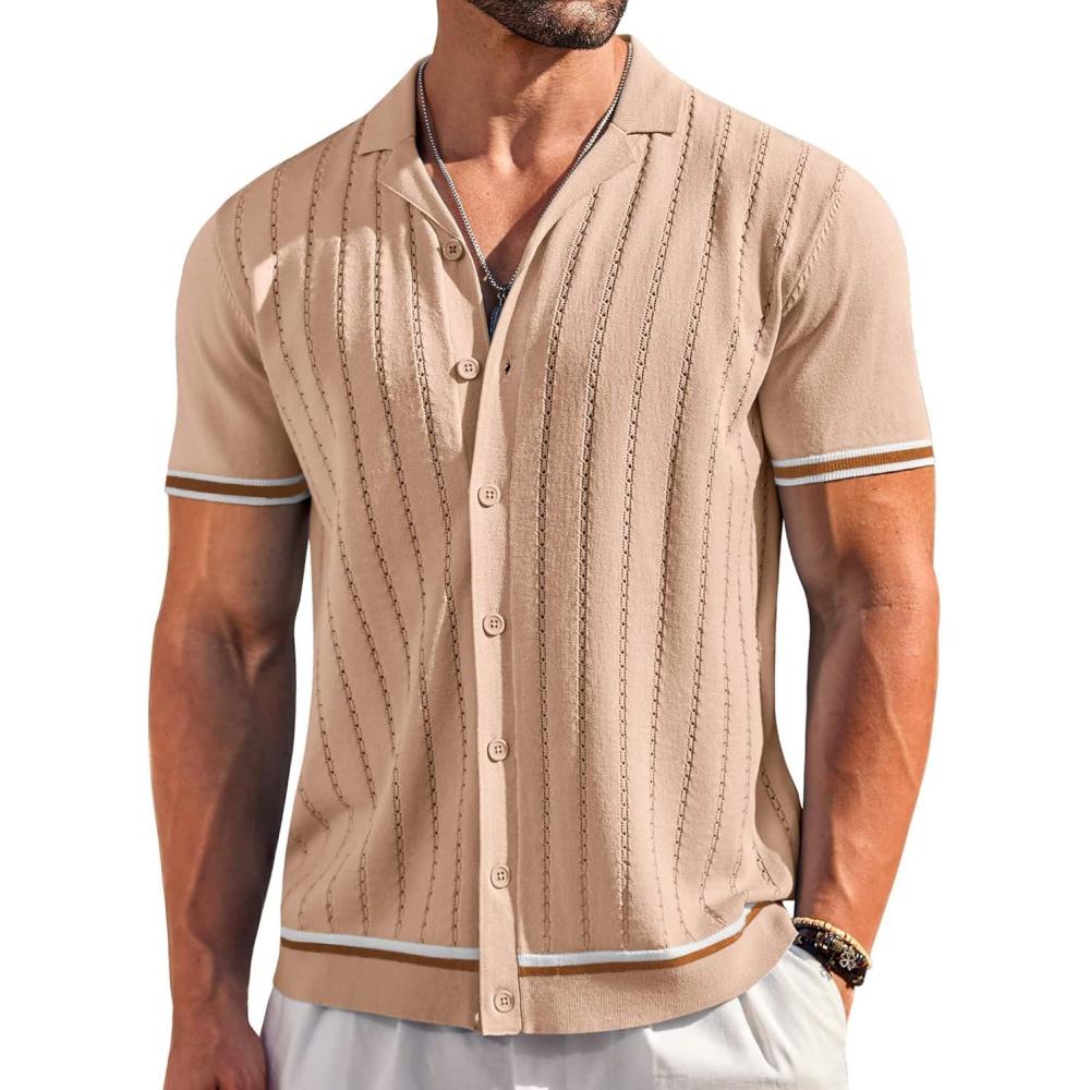 imageCOOFANDY Mens Short Sleeve Knit Shirt Casual Button Down Shirt Vintage Striped Knitted Golf Beach TopsKhaki