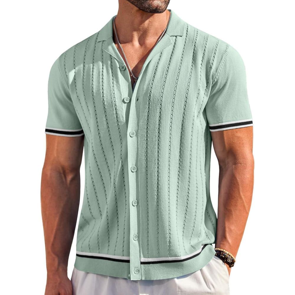 imageCOOFANDY Mens Short Sleeve Knit Shirt Casual Button Down Shirt Vintage Striped Knitted Golf Beach TopsLight Green