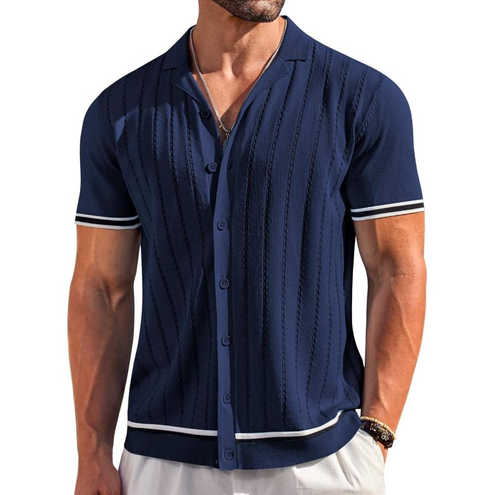 imageCOOFANDY Mens Short Sleeve Knit Shirt Casual Button Down Shirt Vintage Striped Knitted Golf Beach TopsNavy Blue