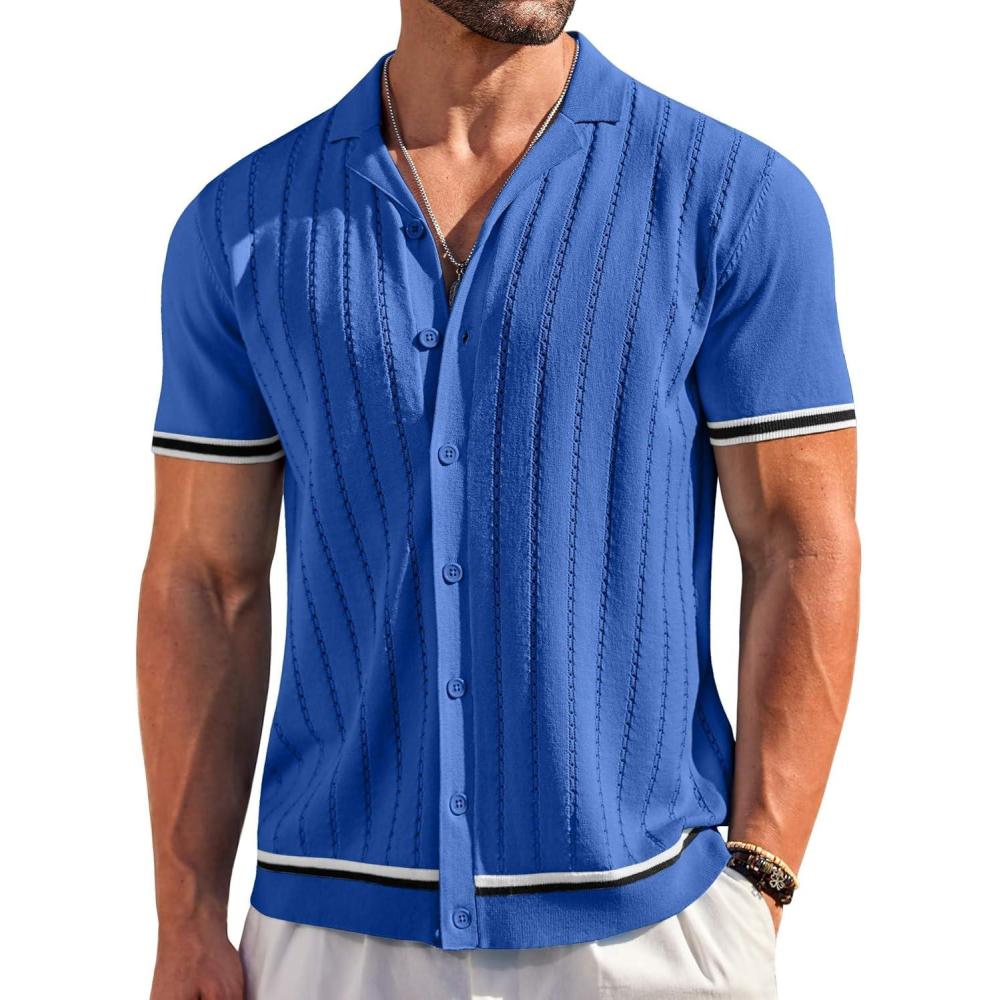 imageCOOFANDY Mens Short Sleeve Knit Shirt Casual Button Down Shirt Vintage Striped Knitted Golf Beach TopsRoyal Blue