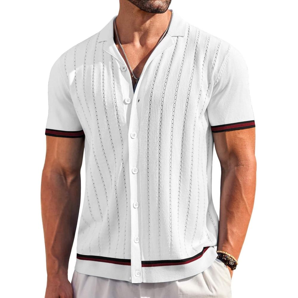 imageCOOFANDY Mens Short Sleeve Knit Shirt Casual Button Down Shirt Vintage Striped Knitted Golf Beach TopsWhite