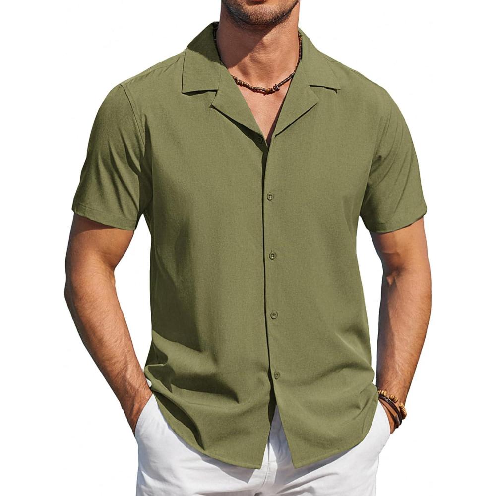 imageCOOFANDY Mens Short Sleeve Shirts Casual Button Down Shirts Cuban Textured Summer Beach ShirtsArmy Green