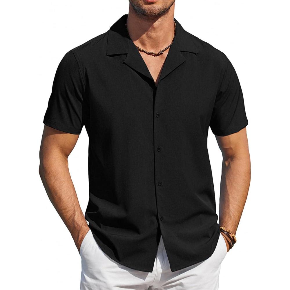 imageCOOFANDY Mens Short Sleeve Shirts Casual Button Down Shirts Cuban Textured Summer Beach ShirtsBlack
