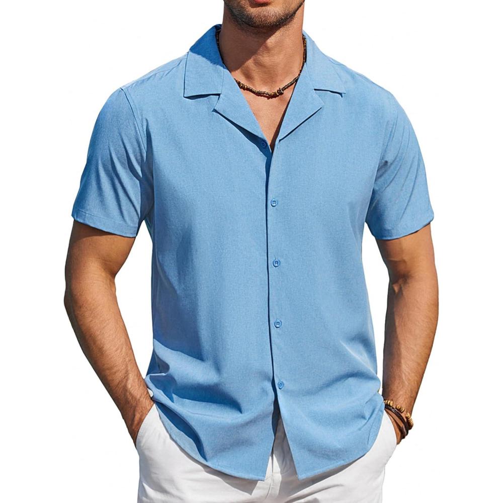 imageCOOFANDY Mens Short Sleeve Shirts Casual Button Down Shirts Cuban Textured Summer Beach ShirtsBlue