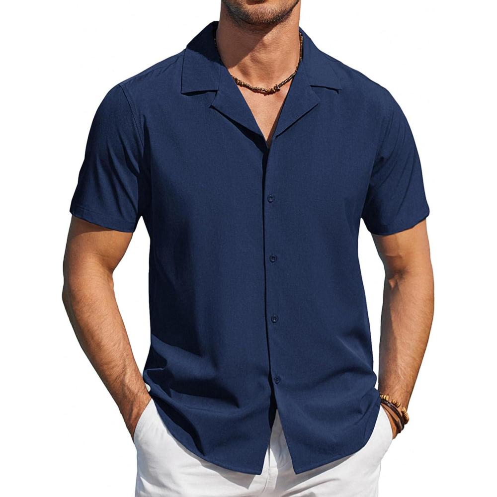 imageCOOFANDY Mens Short Sleeve Shirts Casual Button Down Shirts Cuban Textured Summer Beach ShirtsDark Blue