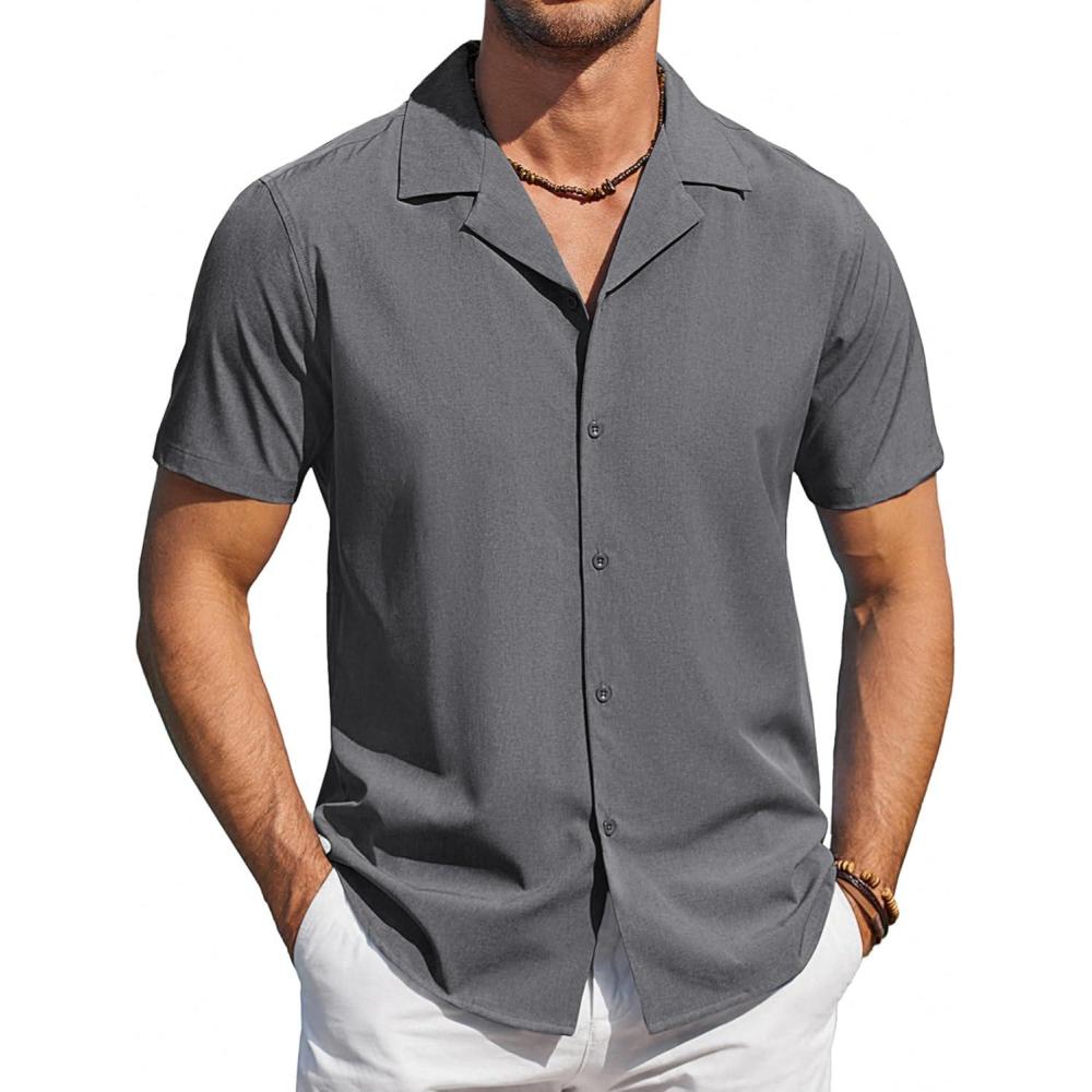 imageCOOFANDY Mens Short Sleeve Shirts Casual Button Down Shirts Cuban Textured Summer Beach ShirtsGrey