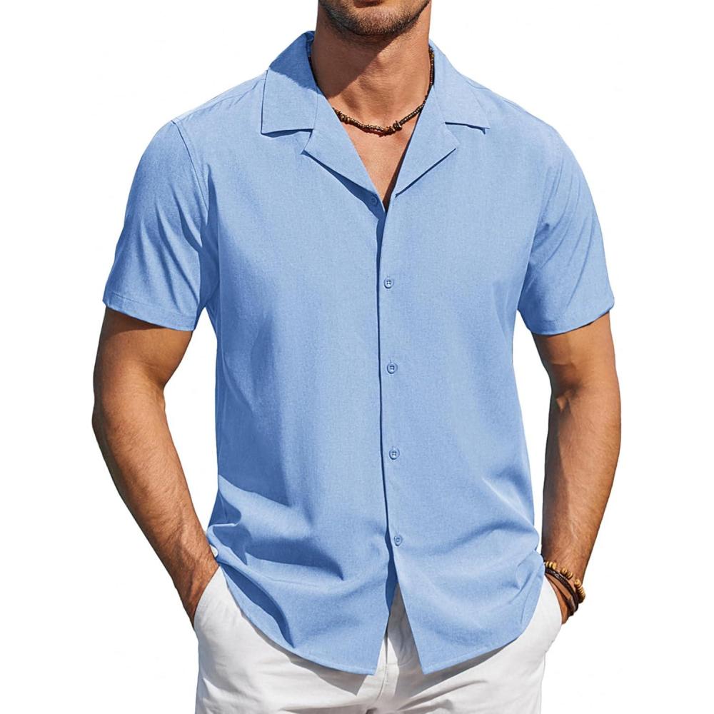 imageCOOFANDY Mens Short Sleeve Shirts Casual Button Down Shirts Cuban Textured Summer Beach ShirtsLight Blue
