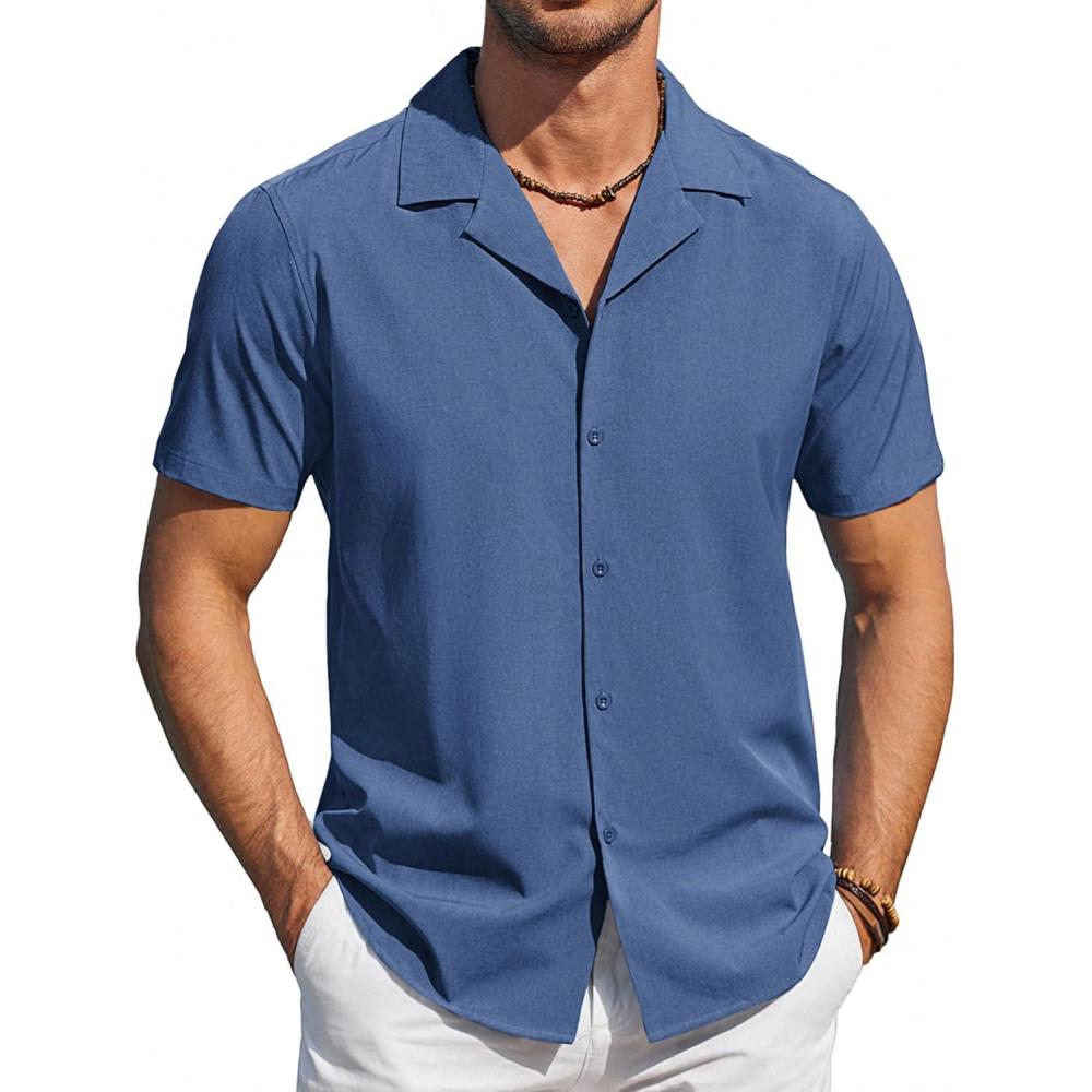 imageCOOFANDY Mens Short Sleeve Shirts Casual Button Down Shirts Cuban Textured Summer Beach ShirtsNavy Blue