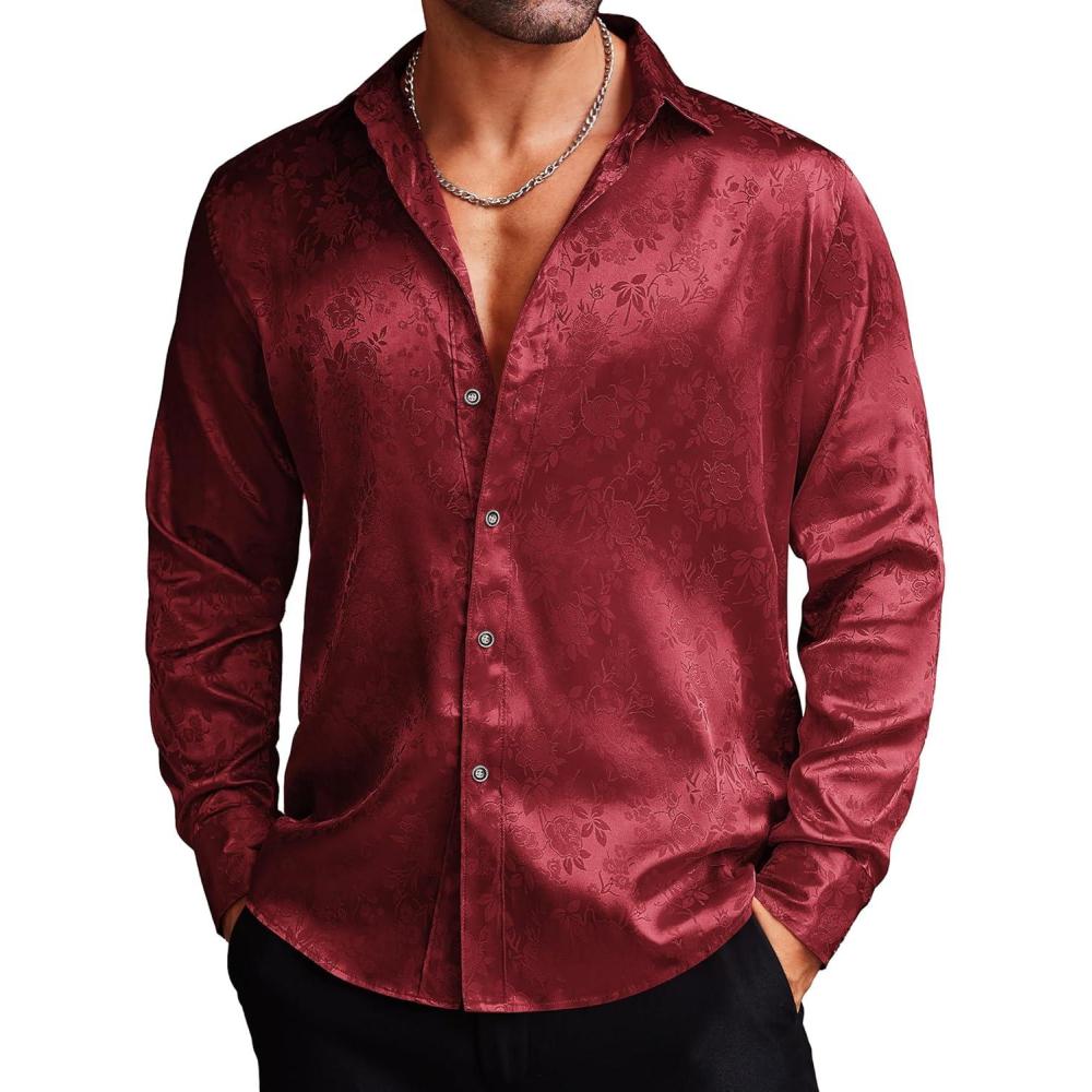 imageCOOFANDY Mens Silk Satin Dress Shirts Jacquard Long Sleeve Floral Button Up Shirts Party Prom Wedding ShirtBurgundy