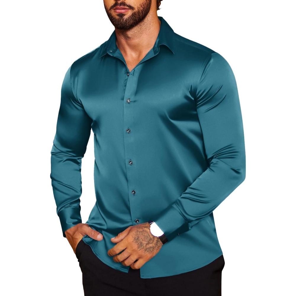 imageCOOFANDY Mens Silk Satin Dress Shirts Jacquard Long Sleeve Floral Button Up Shirts Party Prom Wedding ShirtDark Blue