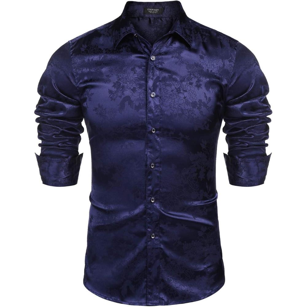 imageCOOFANDY Mens Silk Satin Dress Shirts Jacquard Long Sleeve Floral Button Up Shirts Party Prom Wedding ShirtDeep Blue
