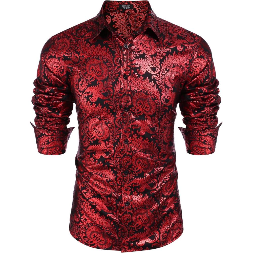 imageCOOFANDY Mens Silk Satin Dress Shirts Jacquard Long Sleeve Floral Button Up Shirts Party Prom Wedding ShirtPat10