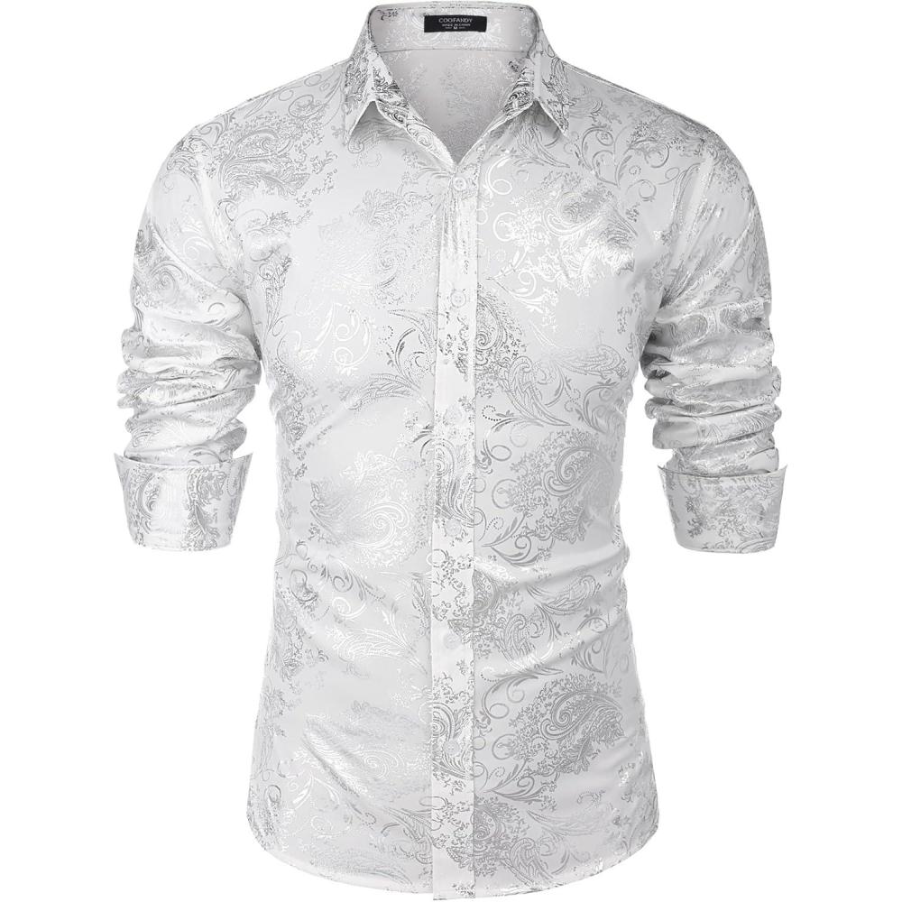 imageCOOFANDY Mens Silk Satin Dress Shirts Jacquard Long Sleeve Floral Button Up Shirts Party Prom Wedding ShirtPat4
