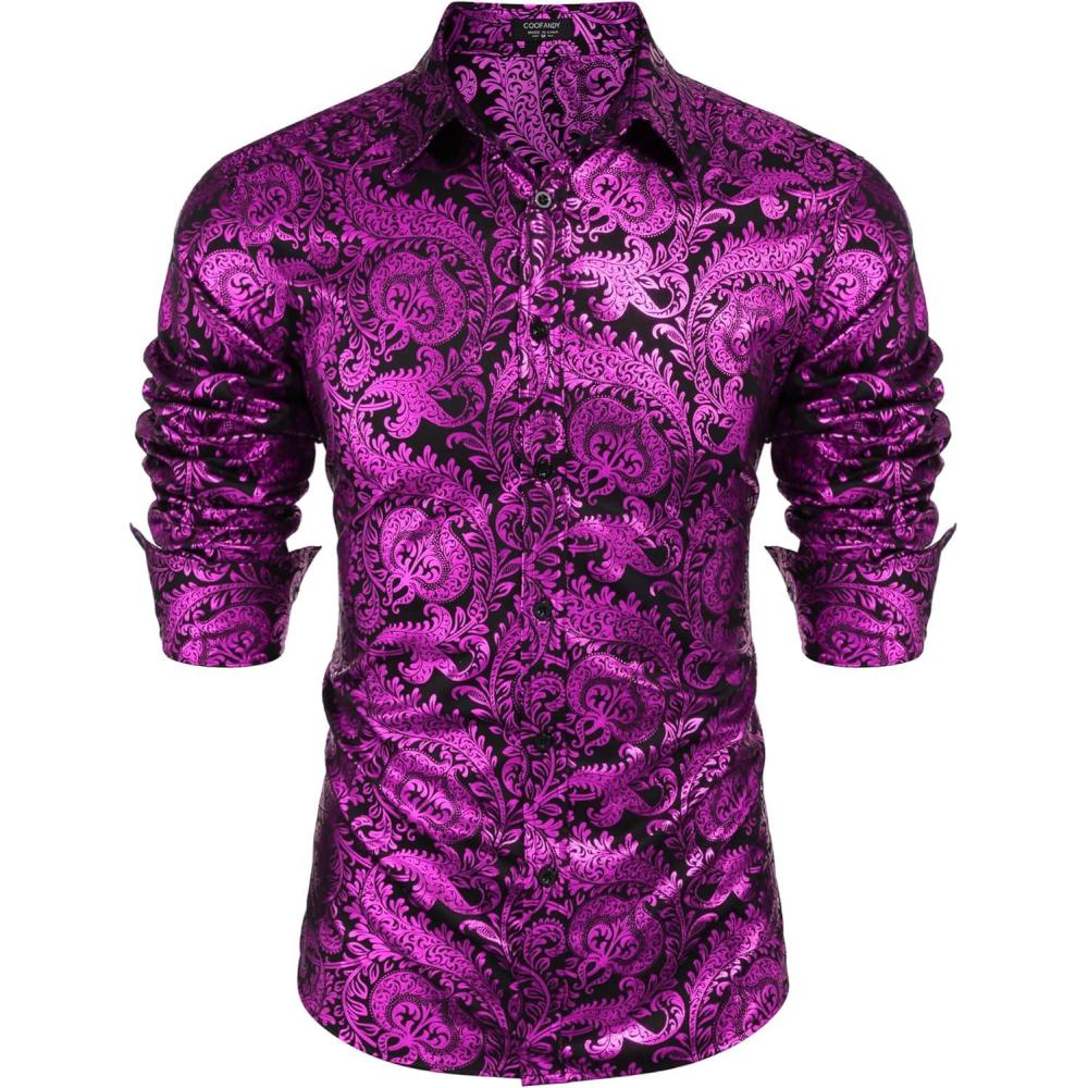 imageCOOFANDY Mens Silk Satin Dress Shirts Jacquard Long Sleeve Floral Button Up Shirts Party Prom Wedding ShirtPat9