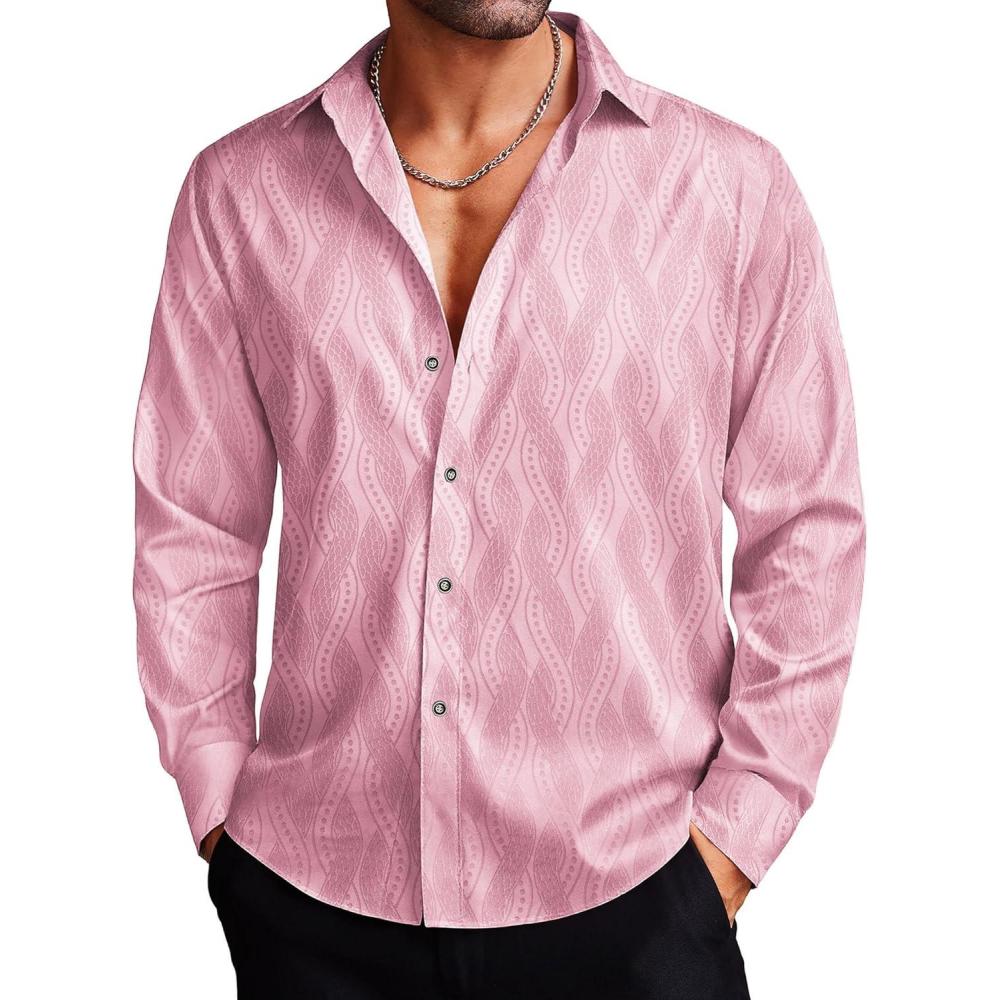 imageCOOFANDY Mens Silk Satin Dress Shirts Jacquard Long Sleeve Floral Button Up Shirts Party Prom Wedding ShirtPink Twist