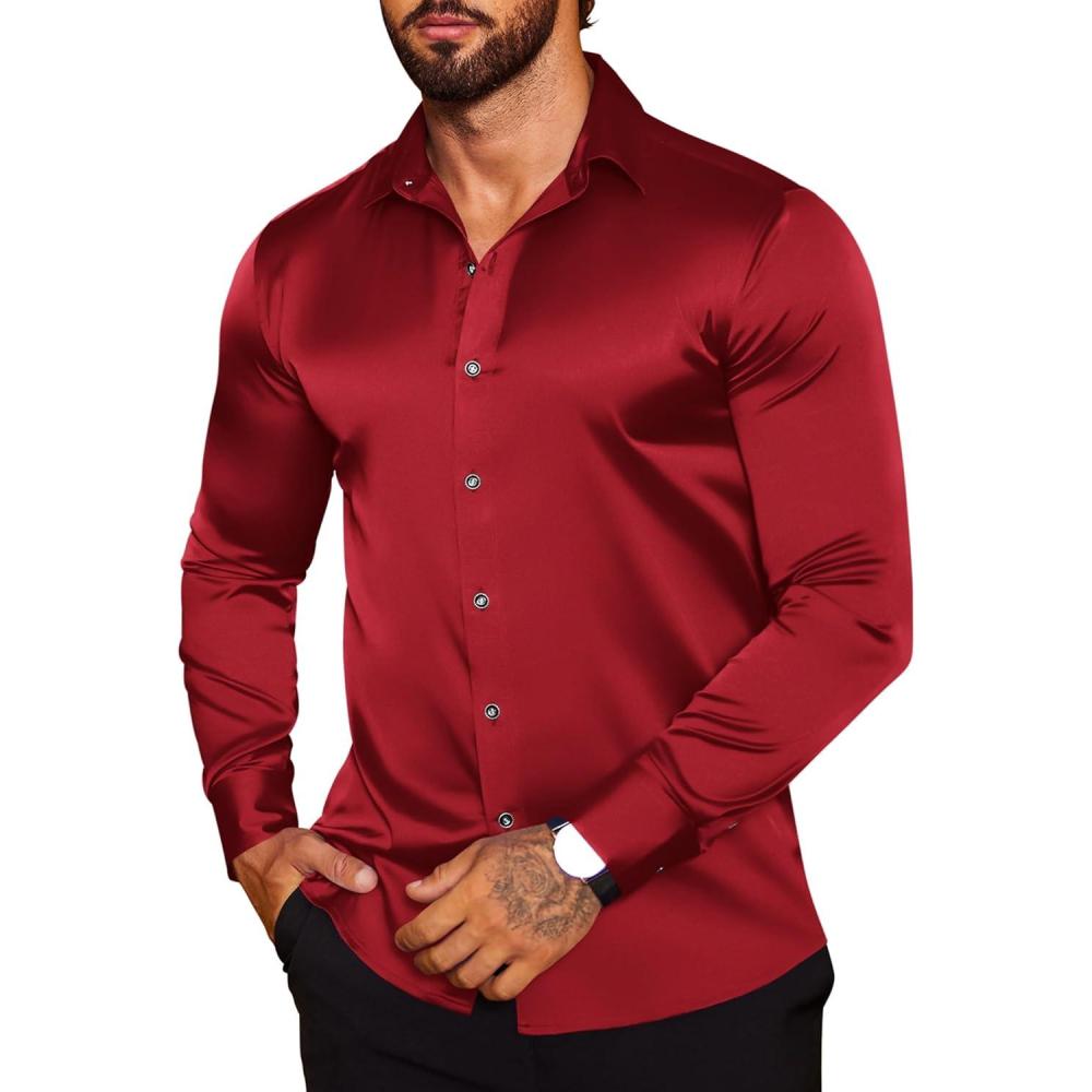 imageCOOFANDY Mens Silk Satin Dress Shirts Jacquard Long Sleeve Floral Button Up Shirts Party Prom Wedding ShirtPwine Red