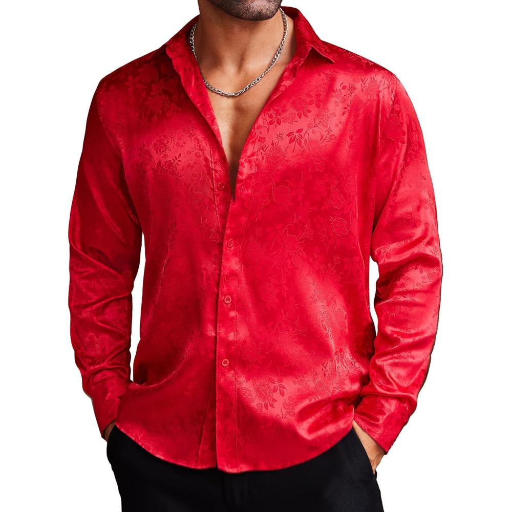 imageCOOFANDY Mens Silk Satin Dress Shirts Jacquard Long Sleeve Floral Button Up Shirts Party Prom Wedding ShirtRed