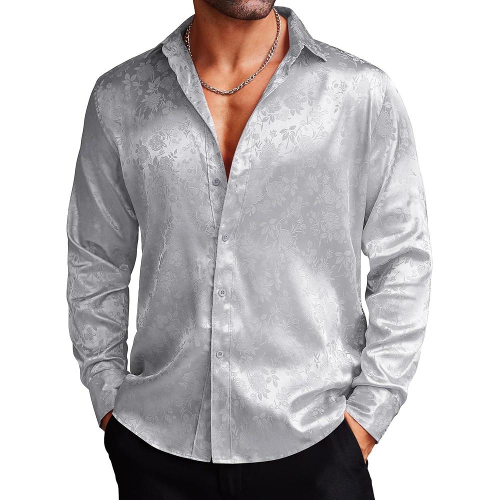 imageCOOFANDY Mens Silk Satin Dress Shirts Jacquard Long Sleeve Floral Button Up Shirts Party Prom Wedding ShirtSilver Gray