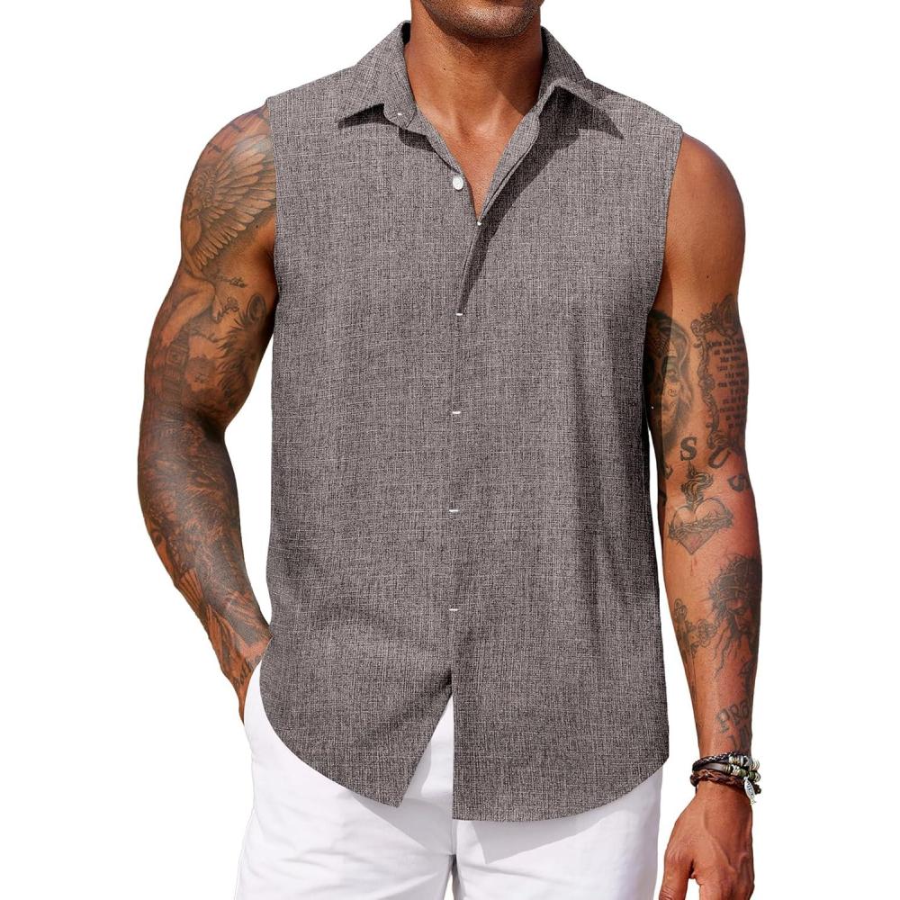 imageCOOFANDY Mens Sleeveless Button Down Beach Shirts Casual Summer Tank Tops Collared Imitation Linen Tank ShirtDark Grey