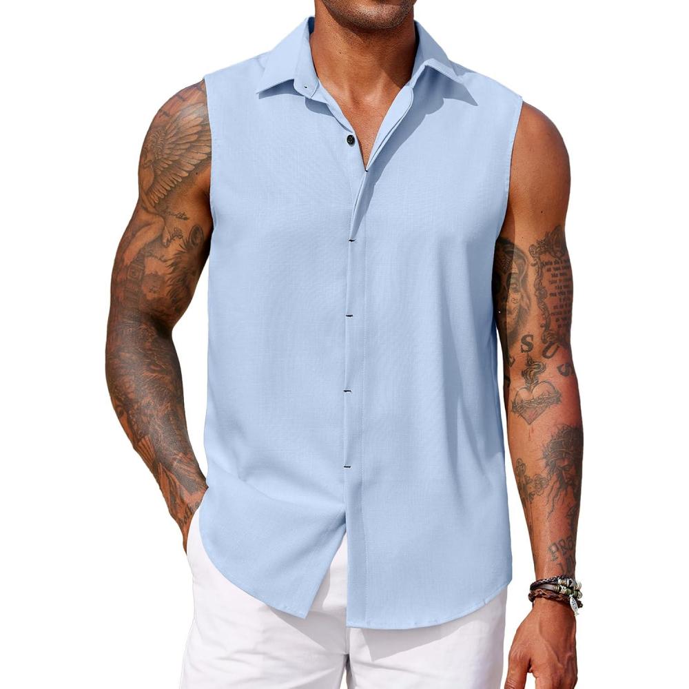 imageCOOFANDY Mens Sleeveless Button Down Beach Shirts Casual Summer Tank Tops Collared Imitation Linen Tank ShirtLight Blue