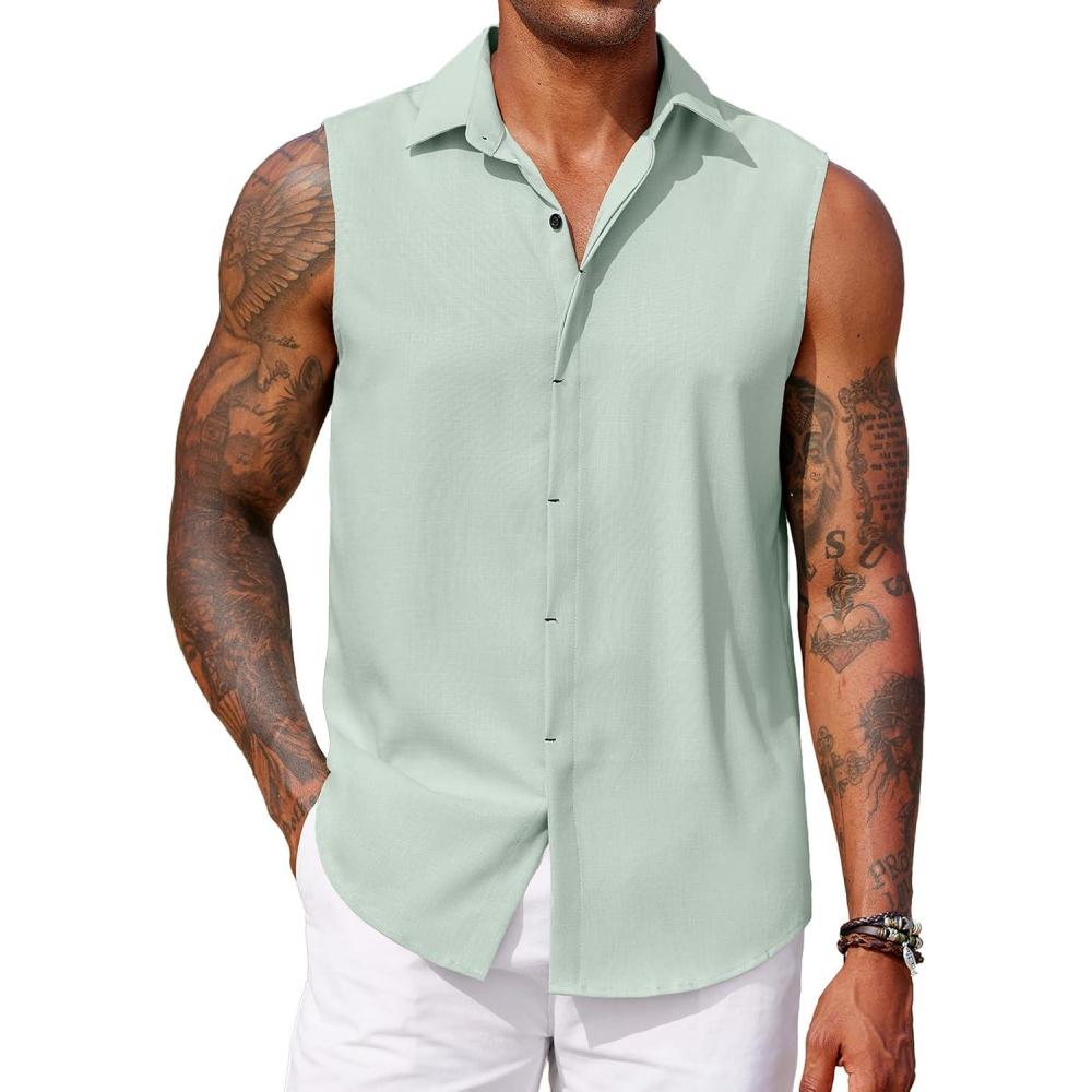 imageCOOFANDY Mens Sleeveless Button Down Beach Shirts Casual Summer Tank Tops Collared Imitation Linen Tank ShirtLight Green