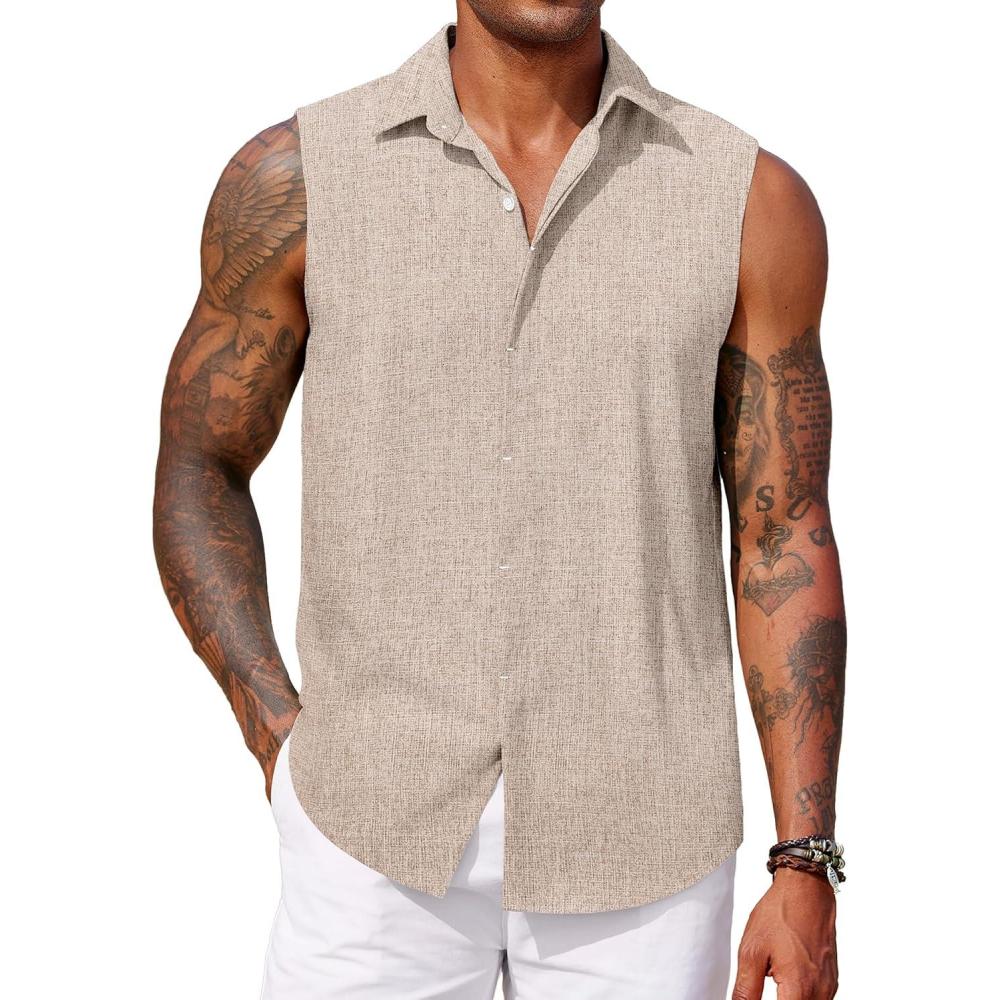 imageCOOFANDY Mens Sleeveless Button Down Beach Shirts Casual Summer Tank Tops Collared Imitation Linen Tank ShirtLight Khaki