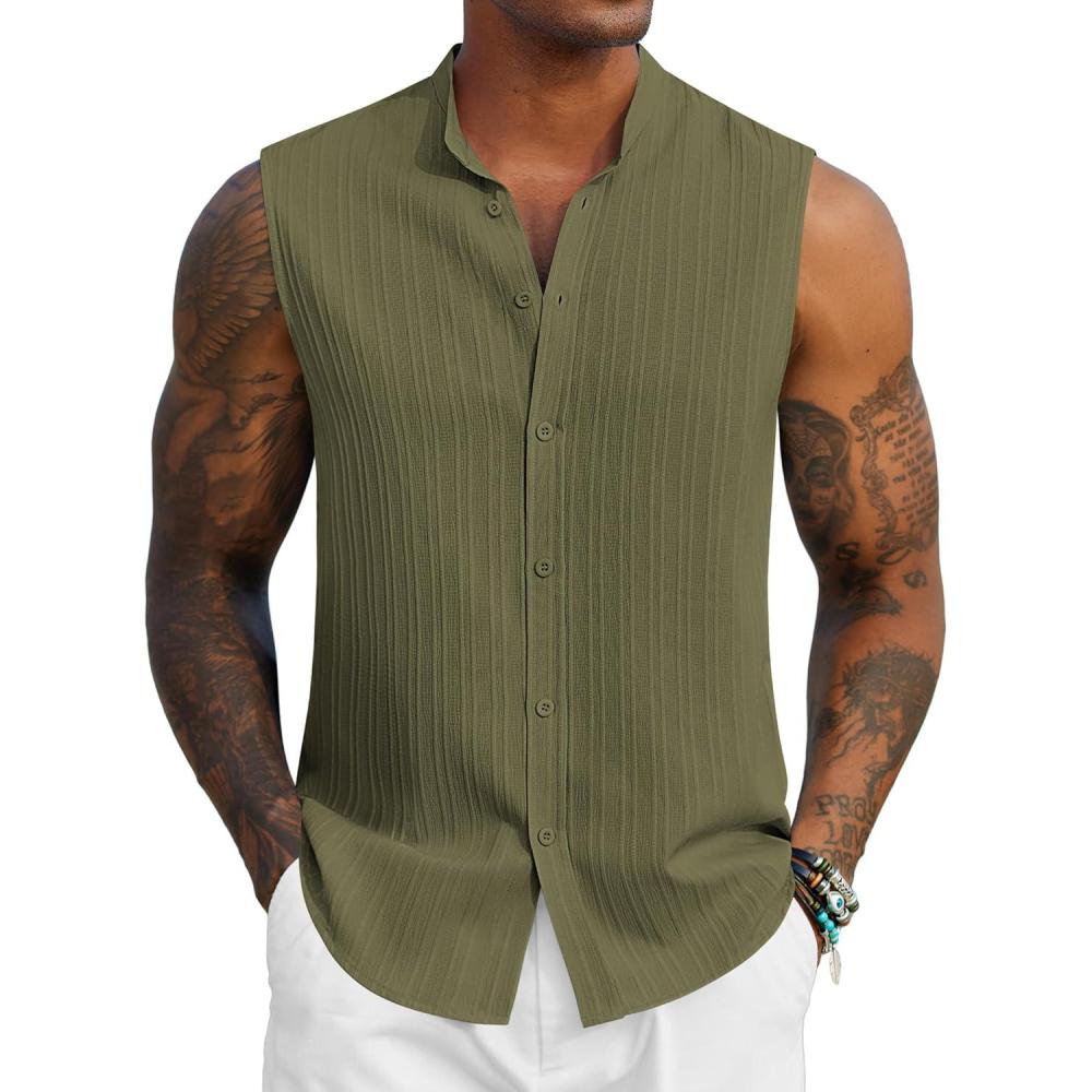 imageCOOFANDY Mens Sleeveless Summer Shirts Beach Tank Tops Button Up Textured Tank Shirt for VacationArmy Green