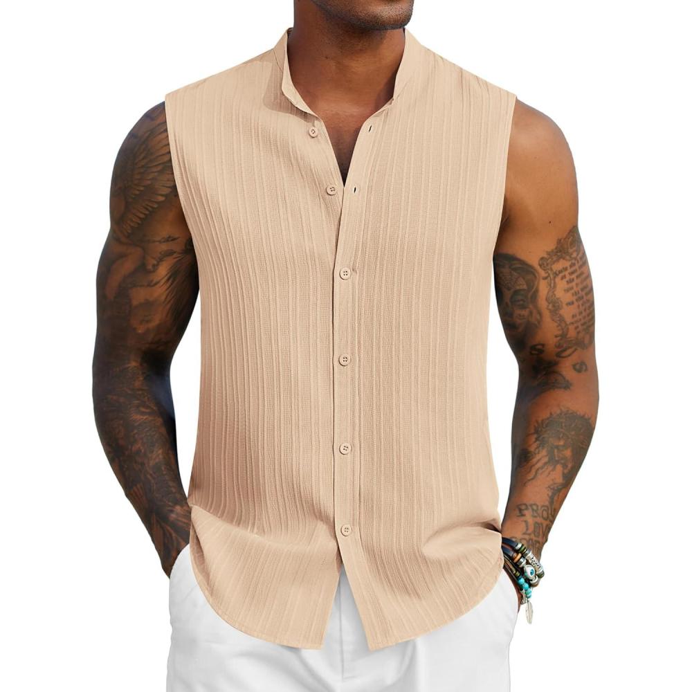 imageCOOFANDY Mens Sleeveless Summer Shirts Beach Tank Tops Button Up Textured Tank Shirt for VacationKhaki