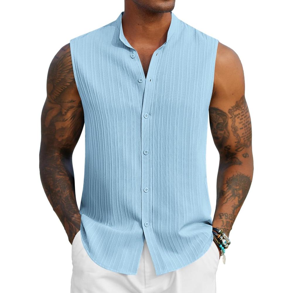 imageCOOFANDY Mens Sleeveless Summer Shirts Beach Tank Tops Button Up Textured Tank Shirt for VacationLight Blue