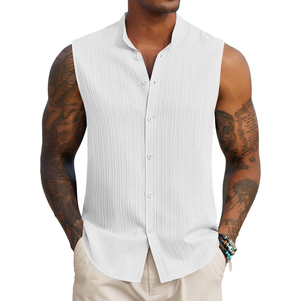 imageCOOFANDY Mens Sleeveless Summer Shirts Beach Tank Tops Button Up Textured Tank Shirt for VacationWhite