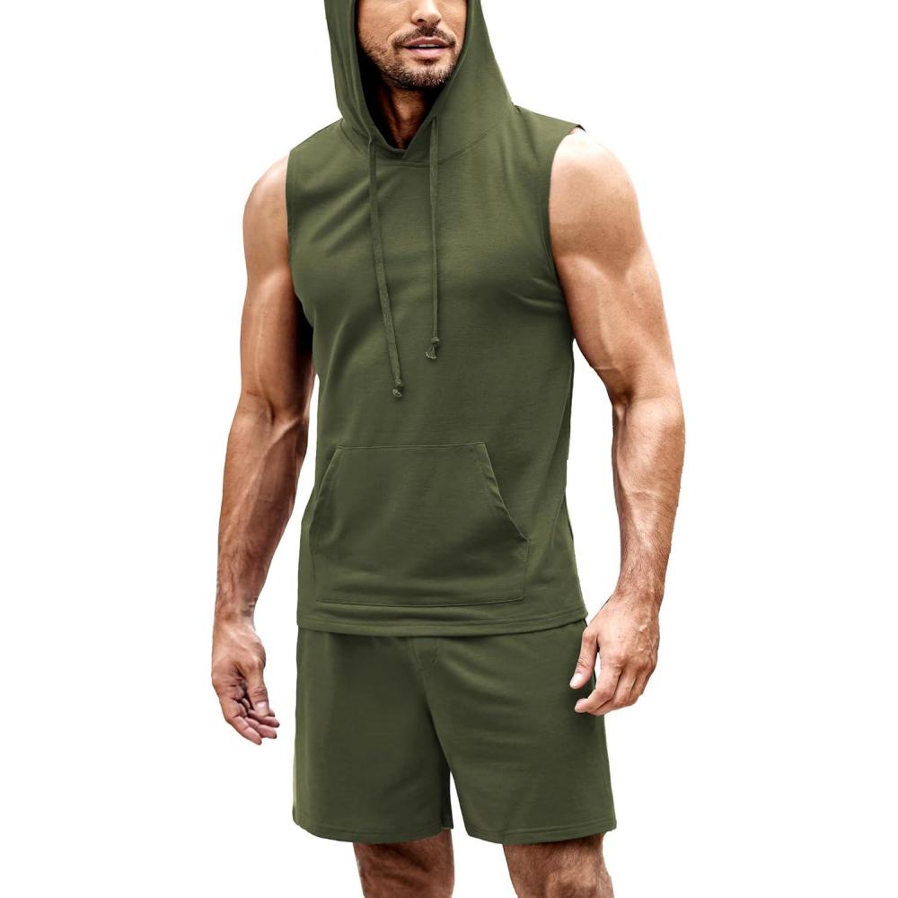imageCOOFANDY Mens Sleeveless Workout Hoodie Shorts Set 2 Piece Outfits Hooded Tank Tops Gym Tracksuit SweatsuitsArmy Green