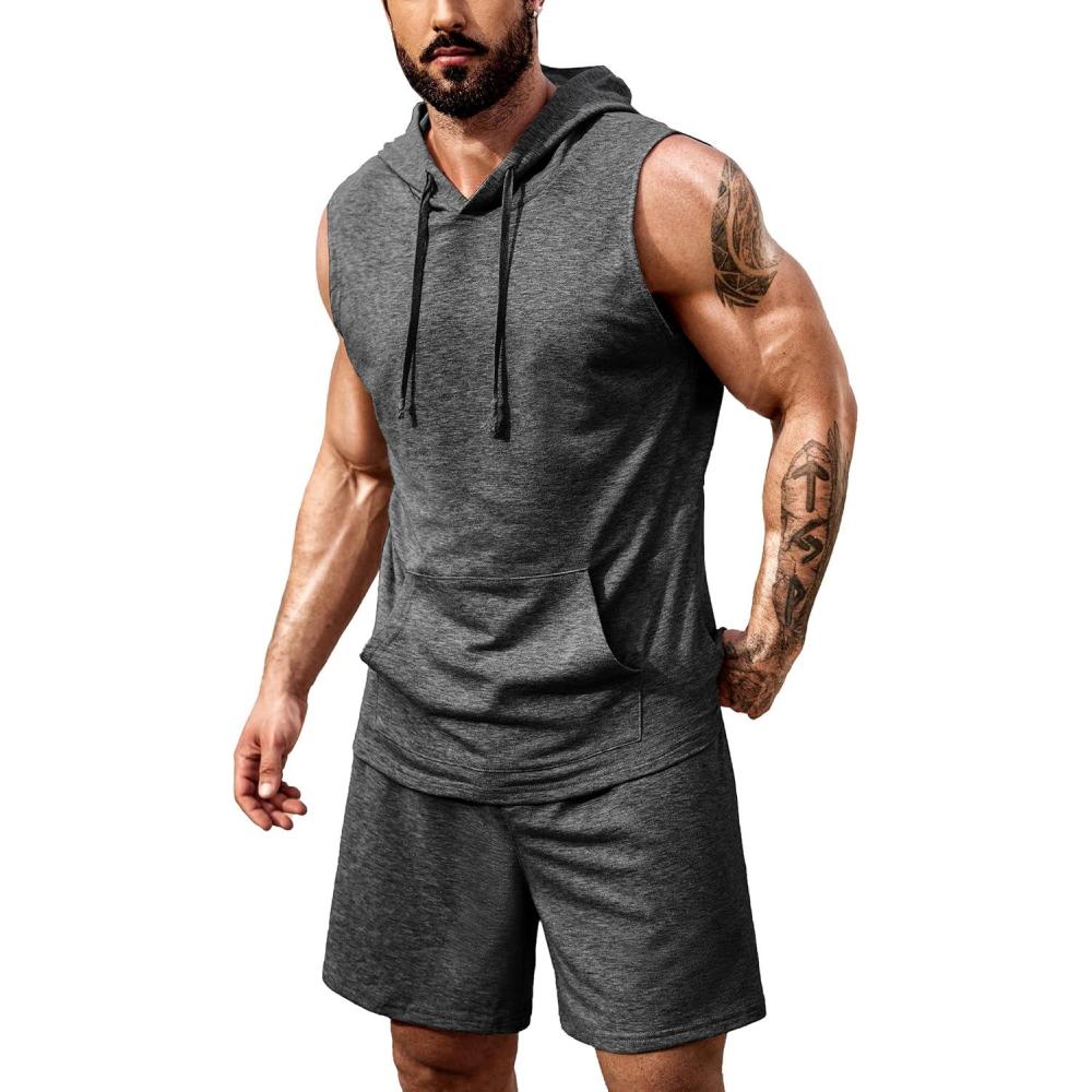 imageCOOFANDY Mens Sleeveless Workout Hoodie Shorts Set 2 Piece Outfits Hooded Tank Tops Gym Tracksuit SweatsuitsDark Grey