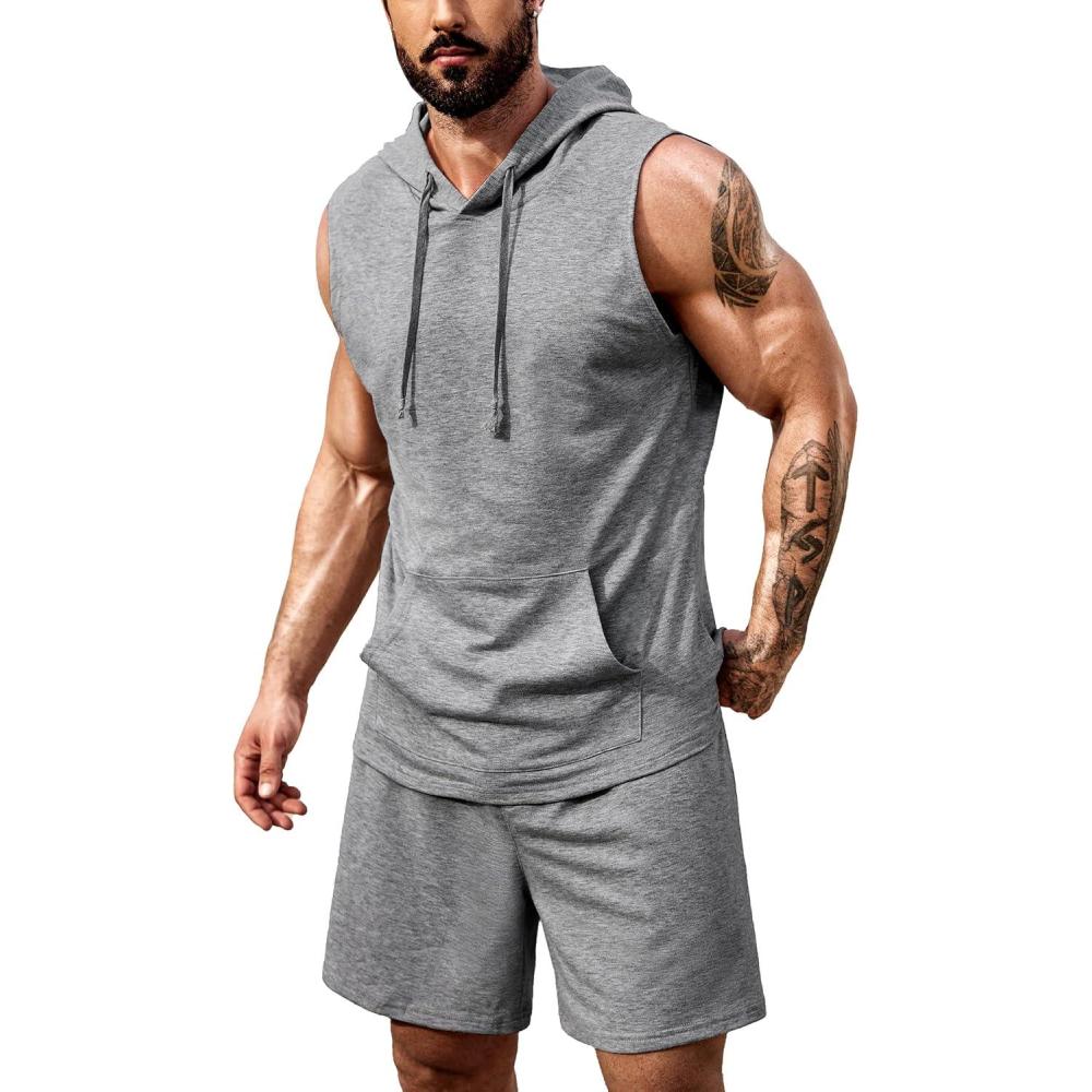 imageCOOFANDY Mens Sleeveless Workout Hoodie Shorts Set 2 Piece Outfits Hooded Tank Tops Gym Tracksuit SweatsuitsLight Grey