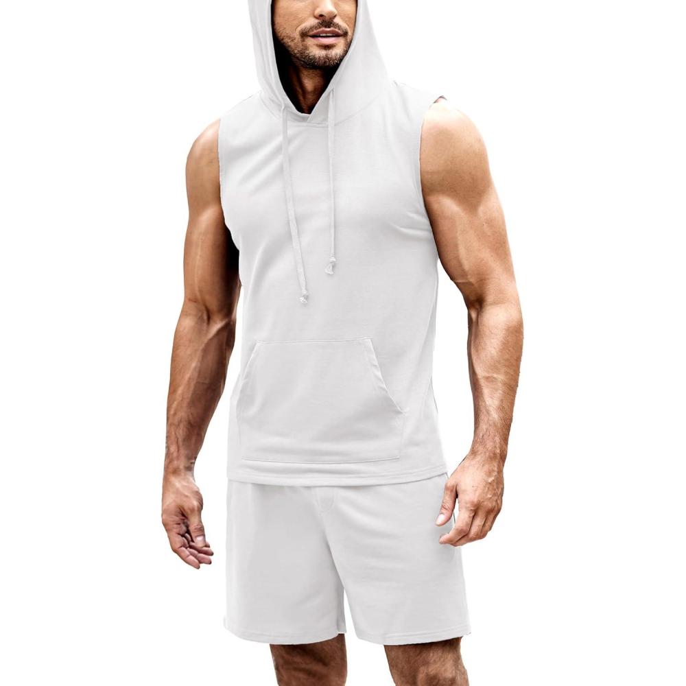 imageCOOFANDY Mens Sleeveless Workout Hoodie Shorts Set 2 Piece Outfits Hooded Tank Tops Gym Tracksuit SweatsuitsWhite