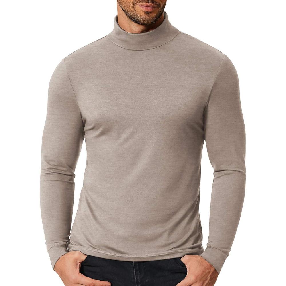 imageCOOFANDY Mens Slim Fit Mock Turtleneck T Shirt Casual Basic Knitted Long Sleeve Pullover SweaterKhaki