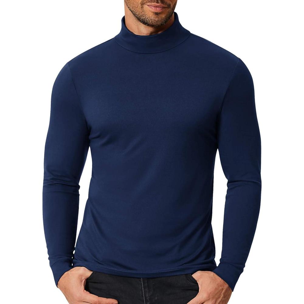 imageCOOFANDY Mens Slim Fit Mock Turtleneck T Shirt Casual Basic Knitted Long Sleeve Pullover SweaterNavy Blue